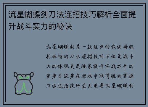 流星蝴蝶剑刀法连招技巧解析全面提升战斗实力的秘诀